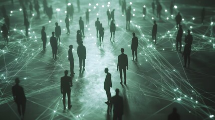 Obraz premium Glowing abstract data visualization background with focused individuals on a futuristic digital network Concept of data flow connectivity information technology and big data analytics