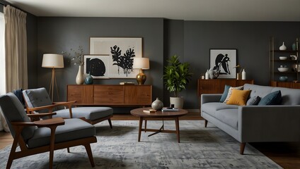 Living room with sofa, chairs, table, rug, and art against a grey wall

