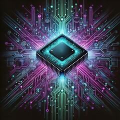 Fototapeta premium futuristic digital graphic featuring a computer chip and surrounding circuitry elements. 