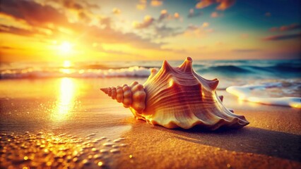 Vintage coastal photo: sunlit seashells scattered across a sandy beach, evoking summer vacations.