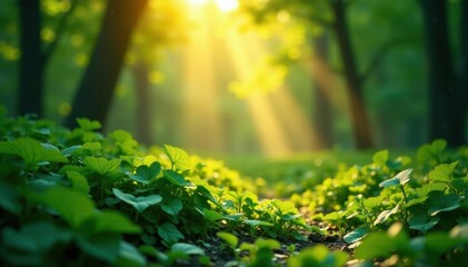 Fototapeta premium Golden light shafts cut through emerald foliage, creating vibrant contrast , dark, picture