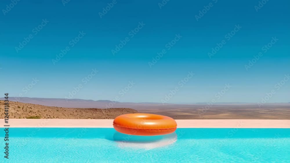 Poster minimalist slow motion footage capturing orange inflatable ring floating on tranquil infinity pool w