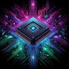 Fototapeta premium futuristic digital graphic featuring a computer chip and surrounding circuitry elements. 