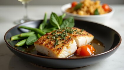 Elegant pan-seared cod fillet with fresh herbs and vibrant accompaniments