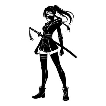 Monochrome graphic illustration featuring a female ninja character in a dynamic pose