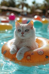 Fluffy white cat lounging on float in vibrant swimming pool with pink sunglasses and tropical palm...