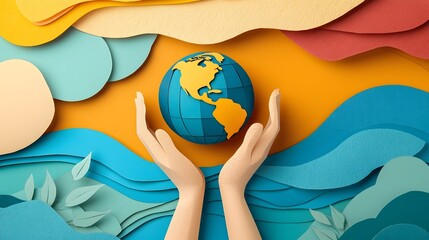 Hands Supporting the Globe in a Minimalist Paper Cut Depicting and Shared Responsibility for the Environment and Sustainability