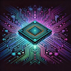 futuristic digital graphic featuring a computer chip and surrounding circuitry elements.
