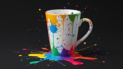 Colorful paint splattered cup on a black background. AI Genrated