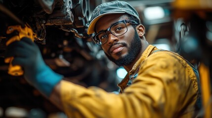 Confident mechanic in workshop: skilled technician diagnosing engine with precision