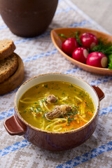 Rustic Lamb Broth with Noodles in Warm Natural Light
