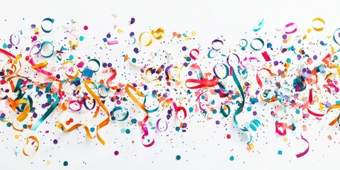 Obraz premium A festive arrangement of multicolored confetti and curling streamers laid out in a whimsical, random pattern on white