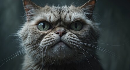 Close up of ugly angry looking cat with large eyes and sparse fur on dark background.
