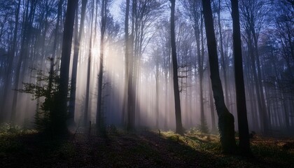 Obraz premium 안개 자욱한 숲속에서 빛을 향해 뻗어나가는 나뭇가지들의 실루엣