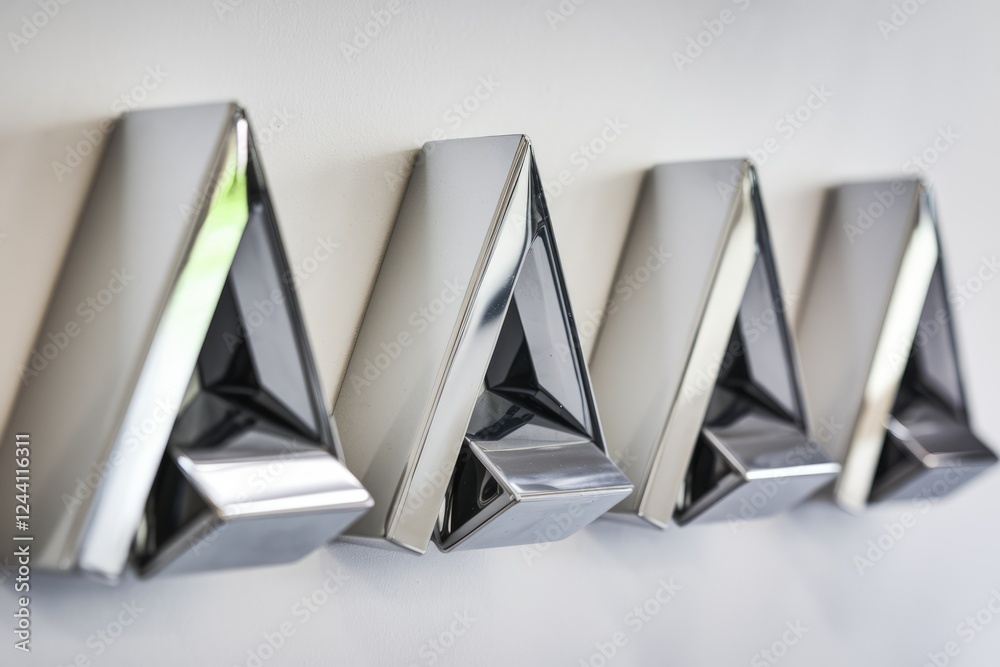 Poster Sleek metallic triangular structures arranged in a row, possibly a modern art installation or architectural detail.