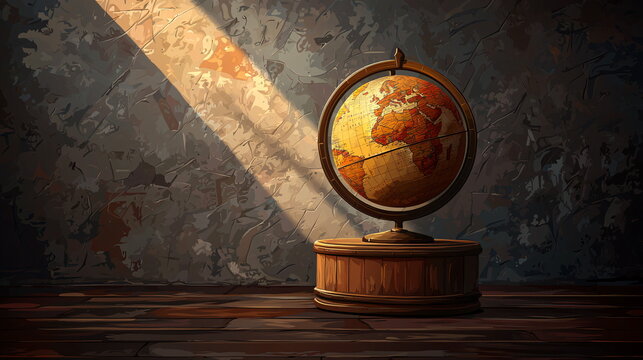 Globe illuminated by rays of light casting shadows on a textured surface with an artistic background.
