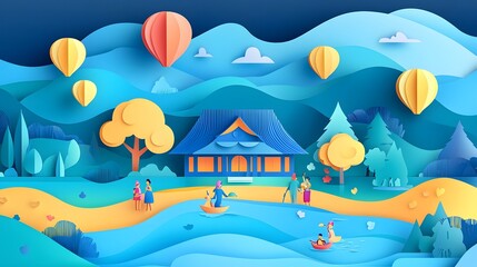 Layered paper cut design depicting a joyful Songkran with a happy family enjoying the festivities in their traditional riverside pavilion surrounded by a serene landscape of mountains balloons