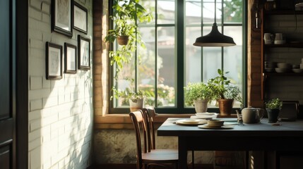 Obraz premium Sunlit kitchen table, plants, window, morning light