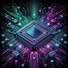 Fototapeta premium futuristic digital graphic featuring a computer chip and surrounding circuitry elements. 