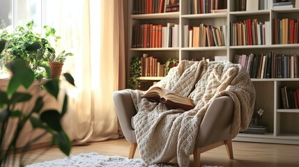 reading nook in a corner of a living room, with a comfortable armchair, soft throw blanket, and a bookshelf filled with favorite novels