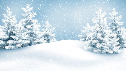Winter landscape with snow-covered trees and soft falling snow on a clear blue background.