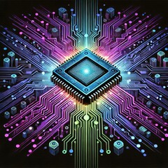 Fototapeta premium futuristic digital graphic featuring a computer chip and surrounding circuitry elements. 