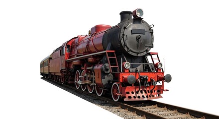 Obraz premium Red old vintage retro classic historic locomotive train on railway railroad isolated on transparent background. Transportation and travel steel track line, industry, perspective