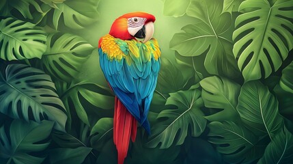Fototapeta premium Colorful macaw parrot in the jungle. macaw parrot with colorful plumage and a long tail sitting on the tree branch. colorful parrot in the rain forest, wildlife and nature concept