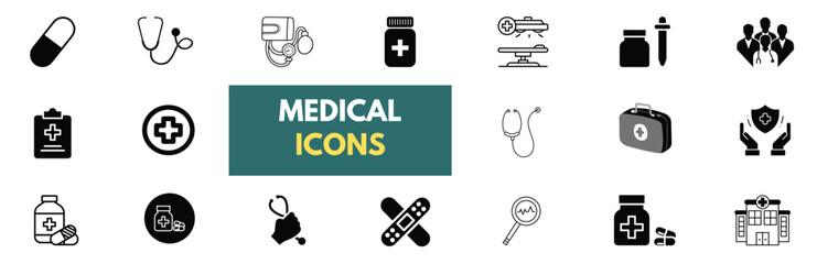 Medical icon. Set of hospital, healthcare, medical instruments, ambulance, medicine-themed icons. Solid vector icons.