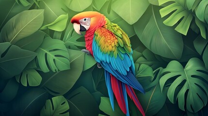 Fototapeta premium Colorful macaw parrot in the jungle. macaw parrot with colorful plumage and a long tail sitting on the tree branch. colorful parrot in the rain forest, wildlife and nature concept