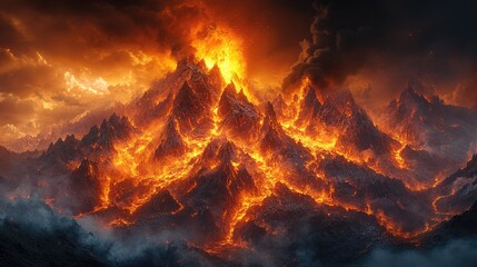 A fiery volcanic landscape with flowing lava and dramatic lighting.