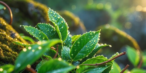 Close up of green tea leaves with dew drops in a beautiful natural setting.