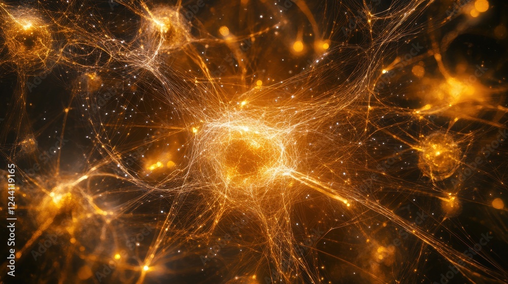 Poster particles representing quantum physics, visualized as glowing points connected by thin lines in a gr