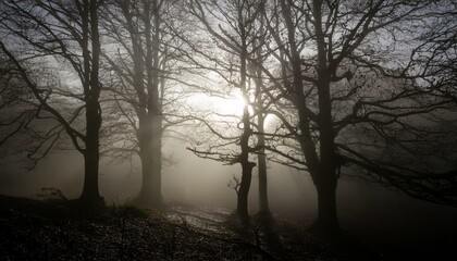 안개 자욱한 숲속에서 빛을 향해 뻗어나가는 나뭇가지들의 실루엣