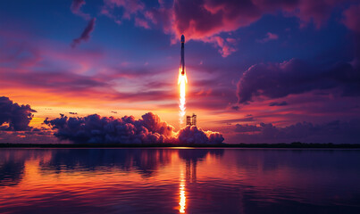 Rocket launching into a colorful sunset sky, reflecting on water, surrounded by clouds, symbolizing innovation and exploration.