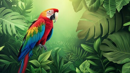 Fototapeta premium Colorful macaw parrot in the jungle. macaw parrot with colorful plumage and a long tail sitting on the tree branch. colorful parrot in the rain forest, wildlife and nature concept