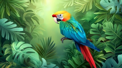 Obraz premium Colorful macaw parrot in the jungle. macaw parrot with colorful plumage and a long tail sitting on the tree branch. colorful parrot in the rain forest, wildlife and nature concept