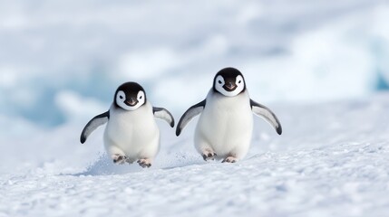 Obraz premium Penguin joyfully sliding down a snowy slope while another penguin waddles behind at a winter wonderland