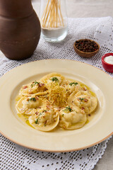 Gourmet Dumplings with Potatoes and Bacon Rustic Charm in Soft, Natural Light