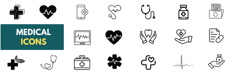 Medical icon. Set of hospital, healthcare, medical instruments, ambulance, medicine-themed icons. Solid vector icons.