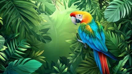 Colorful macaw parrot in the jungle. macaw parrot with colorful plumage and a long tail sitting on the tree branch. colorful parrot in the rain forest, wildlife and nature concept