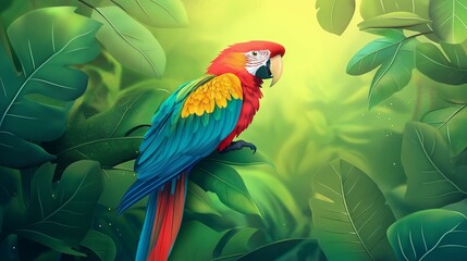 Obraz premium Colorful macaw parrot in the jungle. macaw parrot with colorful plumage and a long tail sitting on the tree branch. colorful parrot in the rain forest, wildlife and nature concept