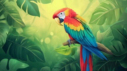 Fototapeta premium Colorful macaw parrot in the jungle. macaw parrot with colorful plumage and a long tail sitting on the tree branch. colorful parrot in the rain forest, wildlife and nature concept