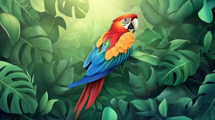 Obraz premium Colorful macaw parrot in the jungle. macaw parrot with colorful plumage and a long tail sitting on the tree branch. colorful parrot in the rain forest, wildlife and nature concept