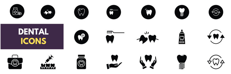 Dental icon set. Containing tooth, toothpaste, toothbrush, teeth, implant and dentistry icons. Dental icon collection. Vector illustration.