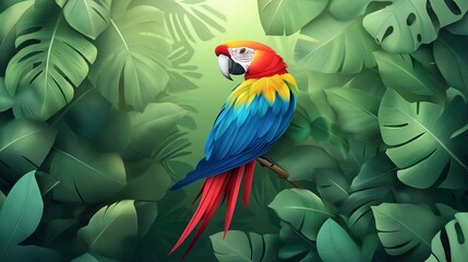 Obraz premium Colorful macaw parrot in the jungle. macaw parrot with colorful plumage and a long tail sitting on the tree branch. colorful parrot in the rain forest, wildlife and nature concept