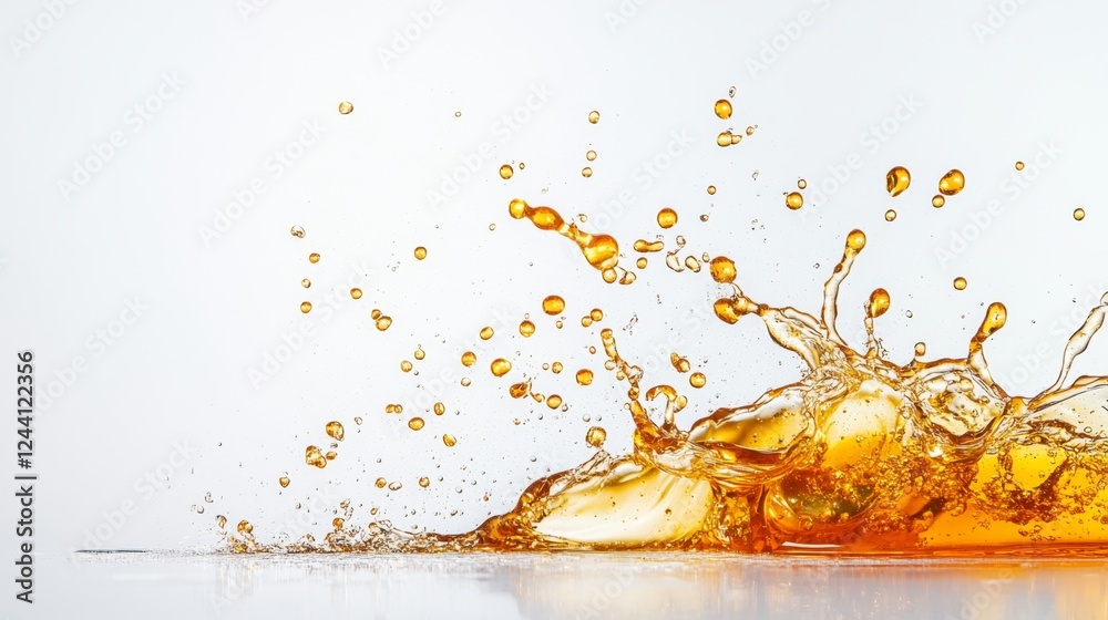 Poster Golden honey splashes against a smooth surface, creating an eye-catching display of droplets and liquid movement. The brightness and fluidity capture the natural beauty of this sweet substance.