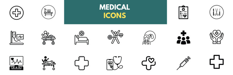 Medical icon. Set of hospital, healthcare, medical instruments, ambulance, medicine-themed icons. Solid vector icons.