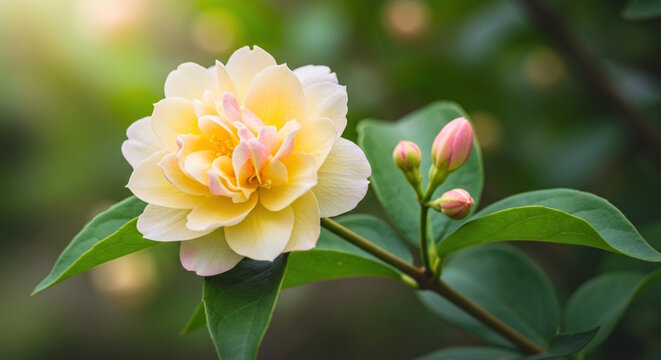  closeup beautiful pink Indian jasmine flower on plant, in India known as mogra, jui, chameli, malti, mallika, jai in soft blur background