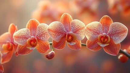 Fototapeta na wymiar Orchid Bloom: Three delicate pink orchids bloom in perfect symmetry, their petals glistening with dew. The soft, natural light creates a dreamy and ethereal atmosphere.
